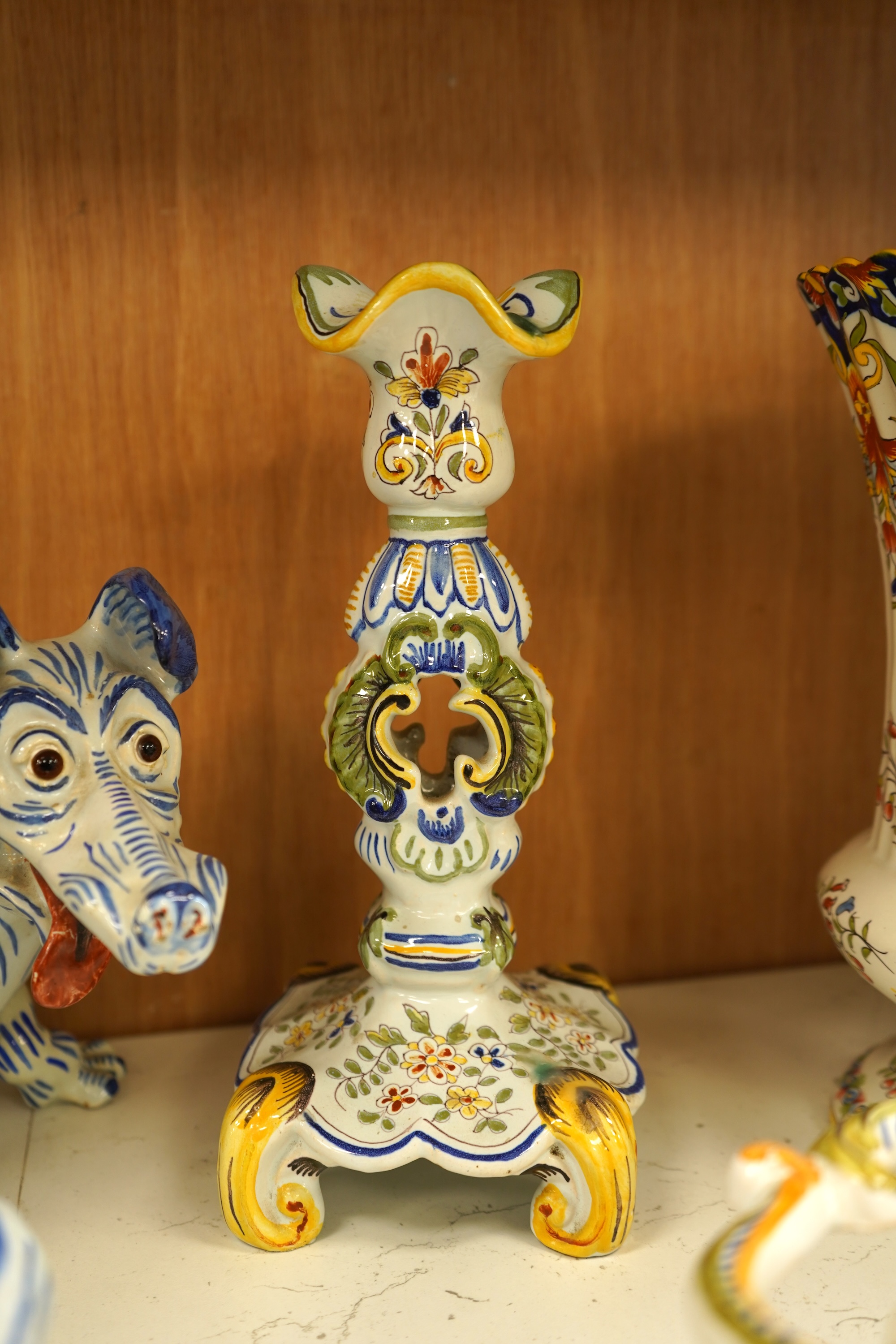 A collection of early 20th century French faience pieces To include dishes, an inkwell and a large ewer, 42cm high